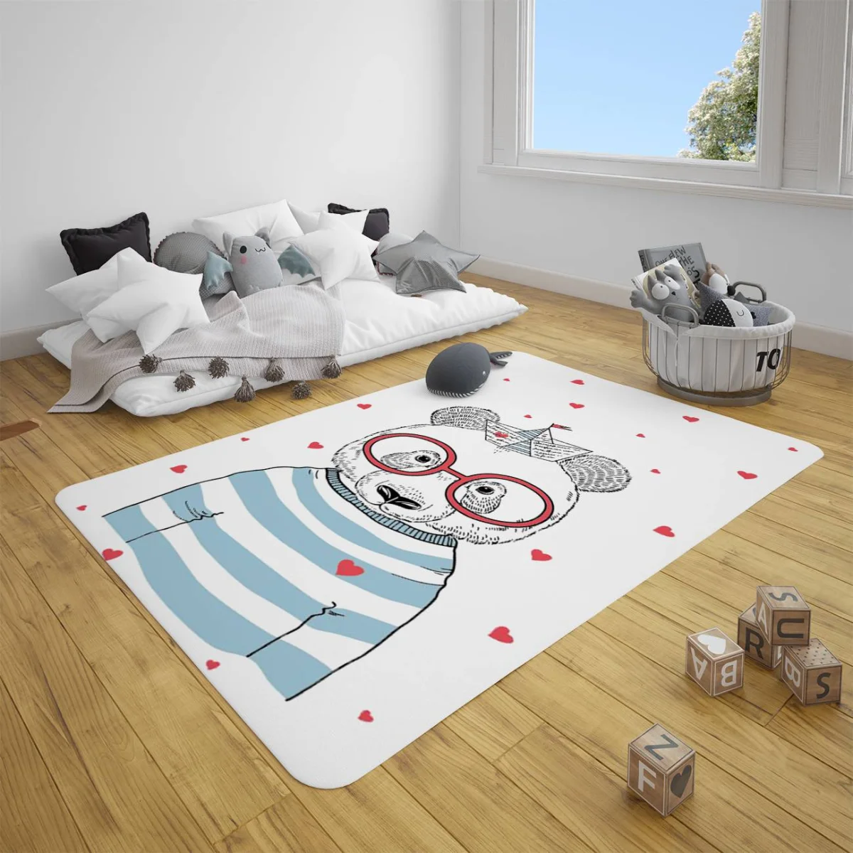 Panda Çocuk Halısı | Beyaz kırmızı kalpler, çizgili tişört Desenli