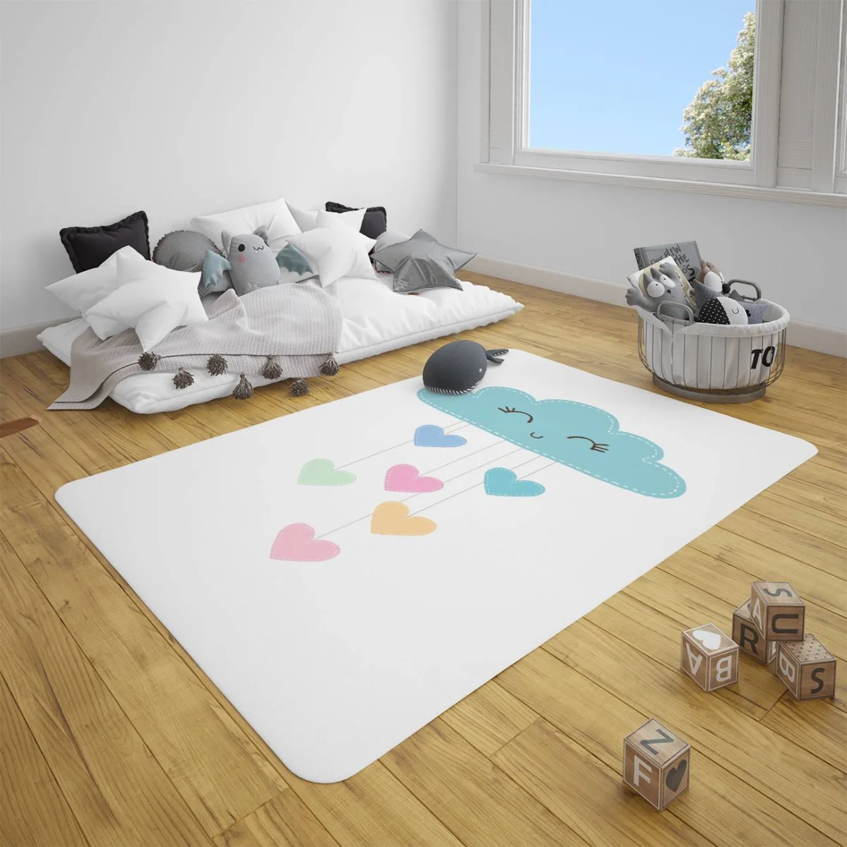Bulut ve kalpler Çocuk Halısı | Beyaz Gülümseyen bulut, pastel renkli kalpler Desenli