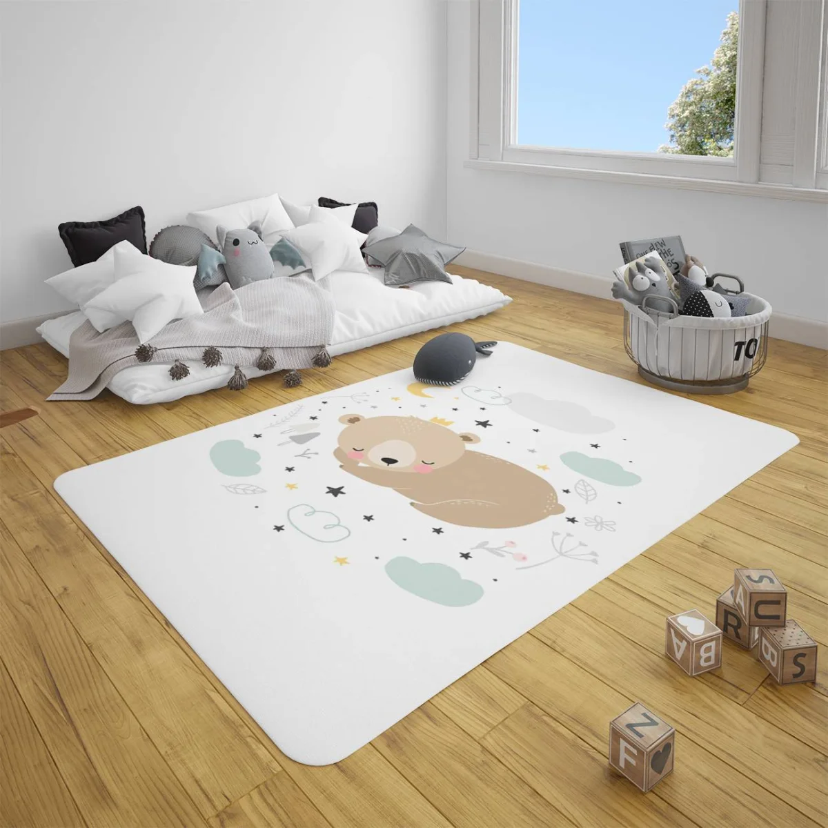 Uyuyan Ayı Çocuk Halısı | Beyaz Ay, yıldızlar Desenli