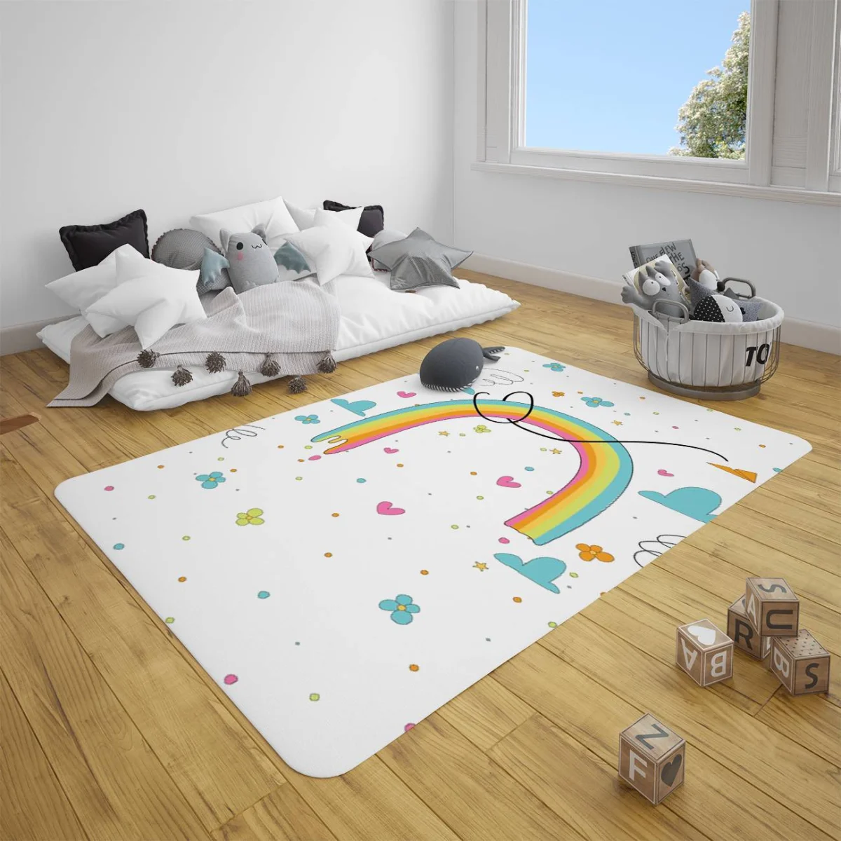 Gökkuşağı Çocuk Halısı | Beyaz bulut, kalp Desenli