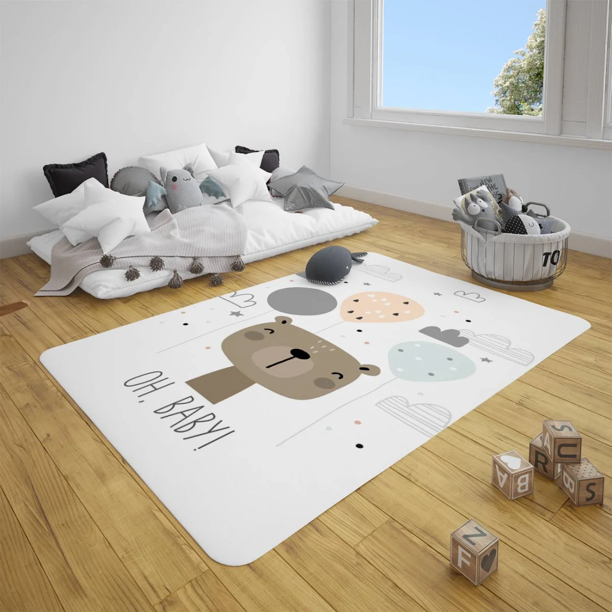 Ayı Çocuk Halısı | Beyaz balonlar, bulutlar Desenli