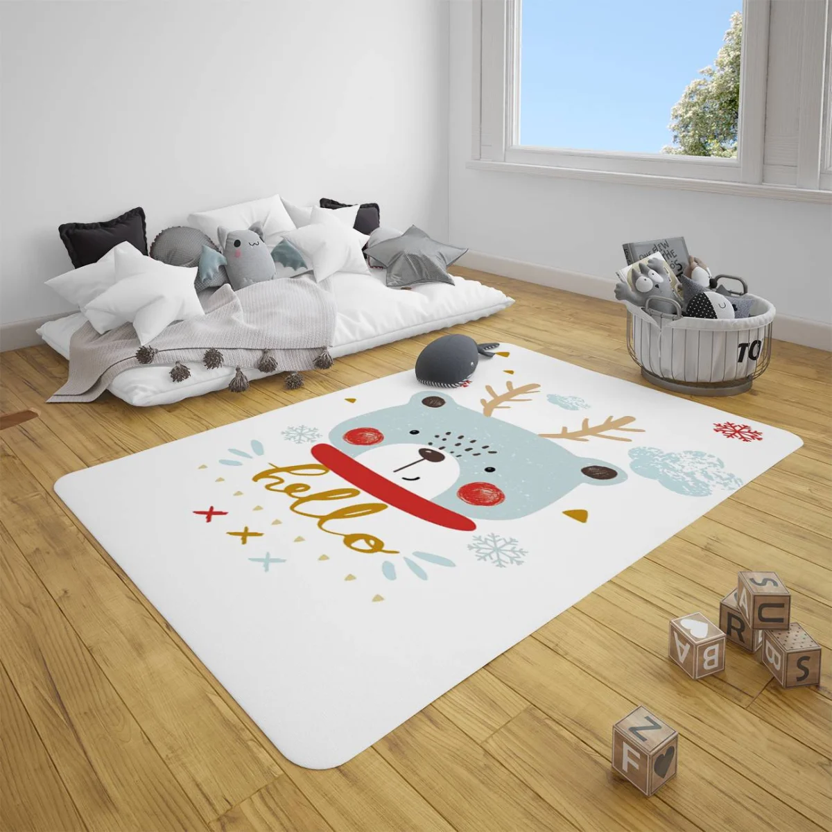 Ayı/Geyik Çocuk Halısı | Beyaz Kar taneleri, bulutlar Desenli