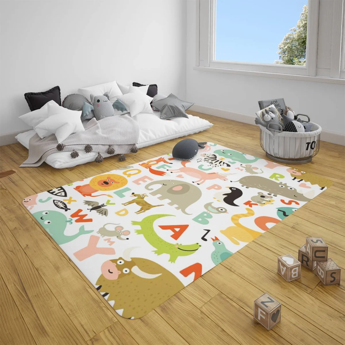 Orman Hayvanları Çocuk Halısı | Beyaz Renkli hayvanlar, alfabe harfleri Desenli