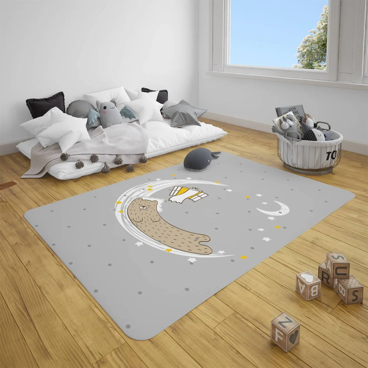 Uyuyan Ayı ve Ay Çocuk Halısı | Gri yıldızlar, ay Desenli