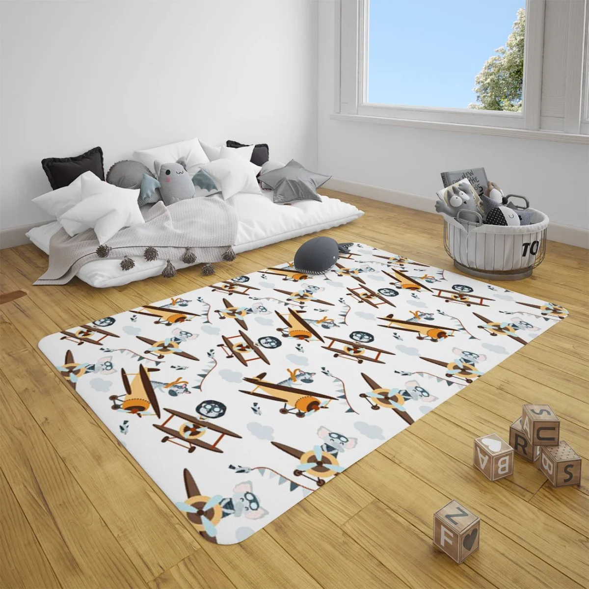 Hayvanlar ve Uçaklar Çocuk Halısı | Beyaz bulutlar, şerit bayraklar Desenli