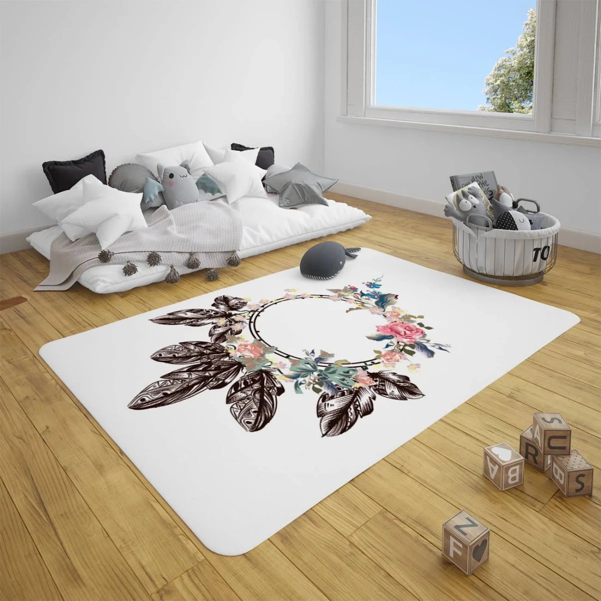 Çiçekli Düş Kapanı Çocuk Halısı | Beyaz Çiçekler, yapraklar Desenli