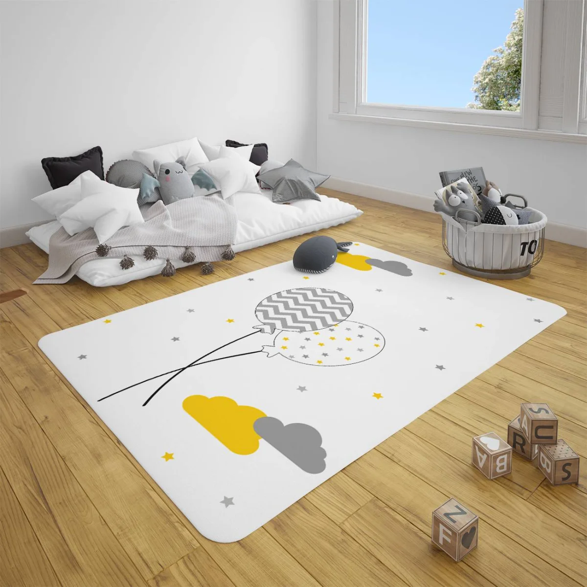 Bulutlar ve Balonlar Çocuk Halısı | Beyaz Sarı ve gri bulutlar, yıldızlar Desenli
