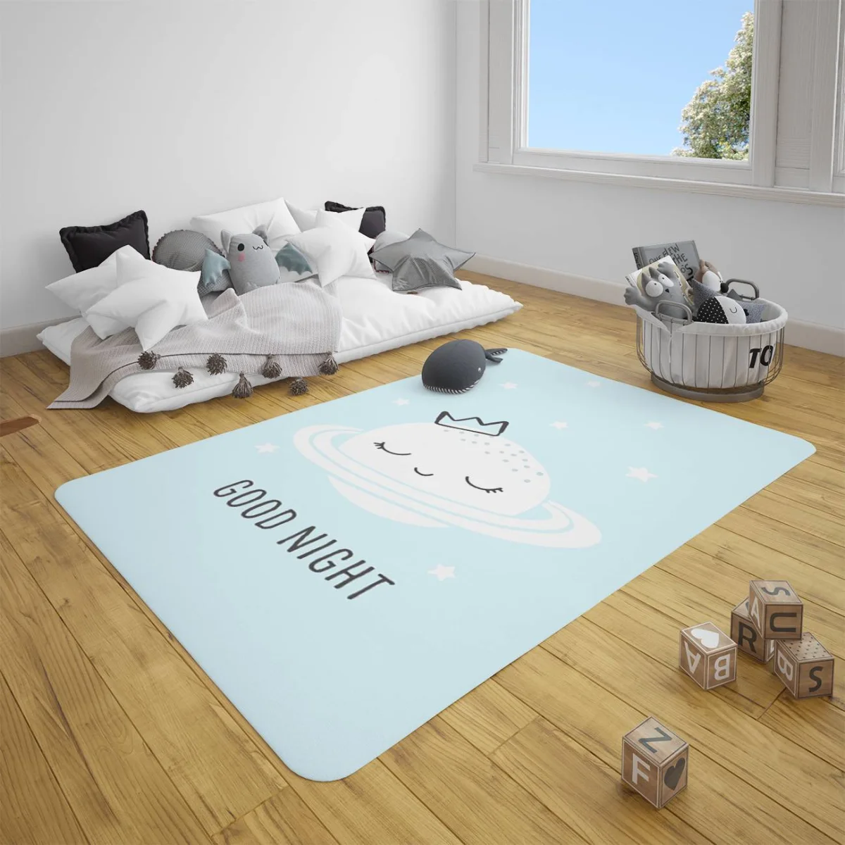 Uzay Çocuk Halısı | Mavi yıldızlar, taç Desenli