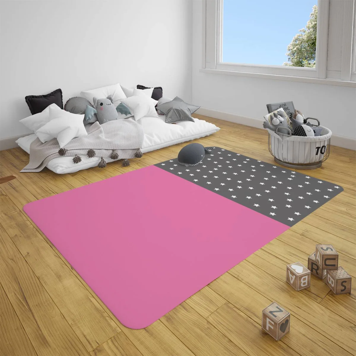 Yıldız Çocuk Halısı | Pembe Gri kısımda beyaz yıldızlar Desenli