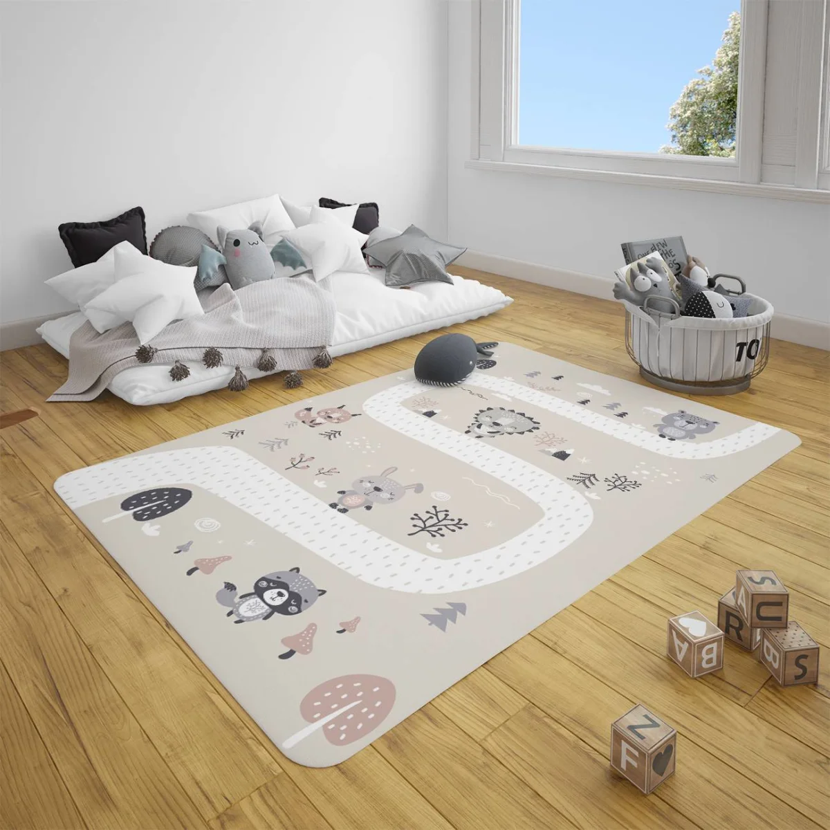 Orman Hayvanları Çocuk Halısı | Bej Yol, ağaçlar Desenli