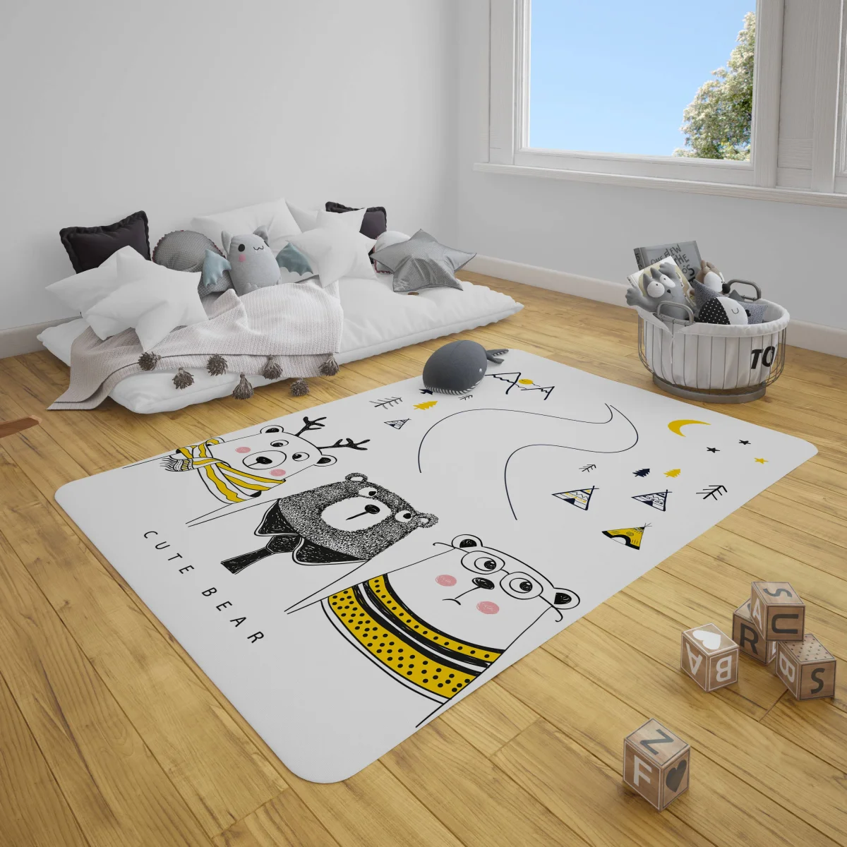 Ayılar Çocuk Halısı | Beyaz Dağlar, ağaçlar Desenli