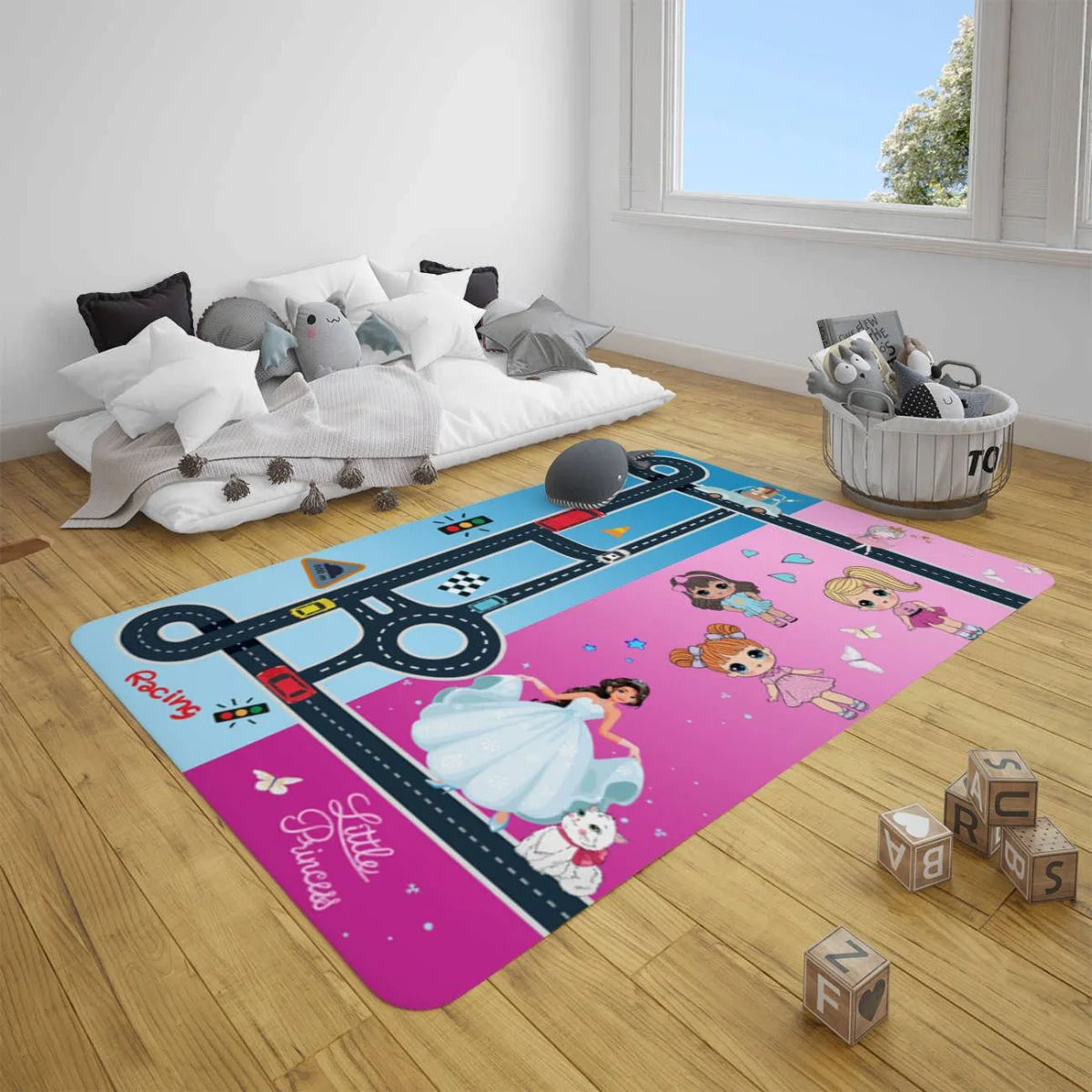 Prensesler, Arabalar, Yol Haritası Çocuk Halısı | Pembe, Mavi yıldızlar, trafik ışıkları Desenli