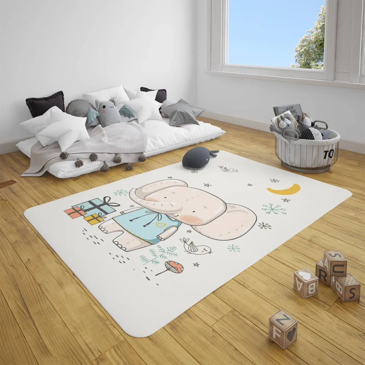 Fil, Orman Hayvanları Çocuk Halısı | Beyaz yıldız, balon Desenli