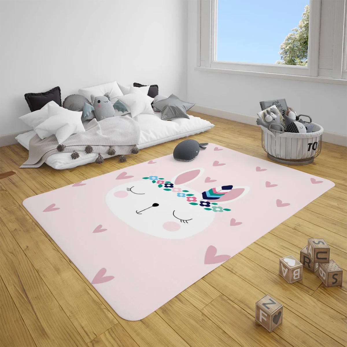 Tavşan Çocuk Halısı | Pembe Kalpler, çiçekler Desenli