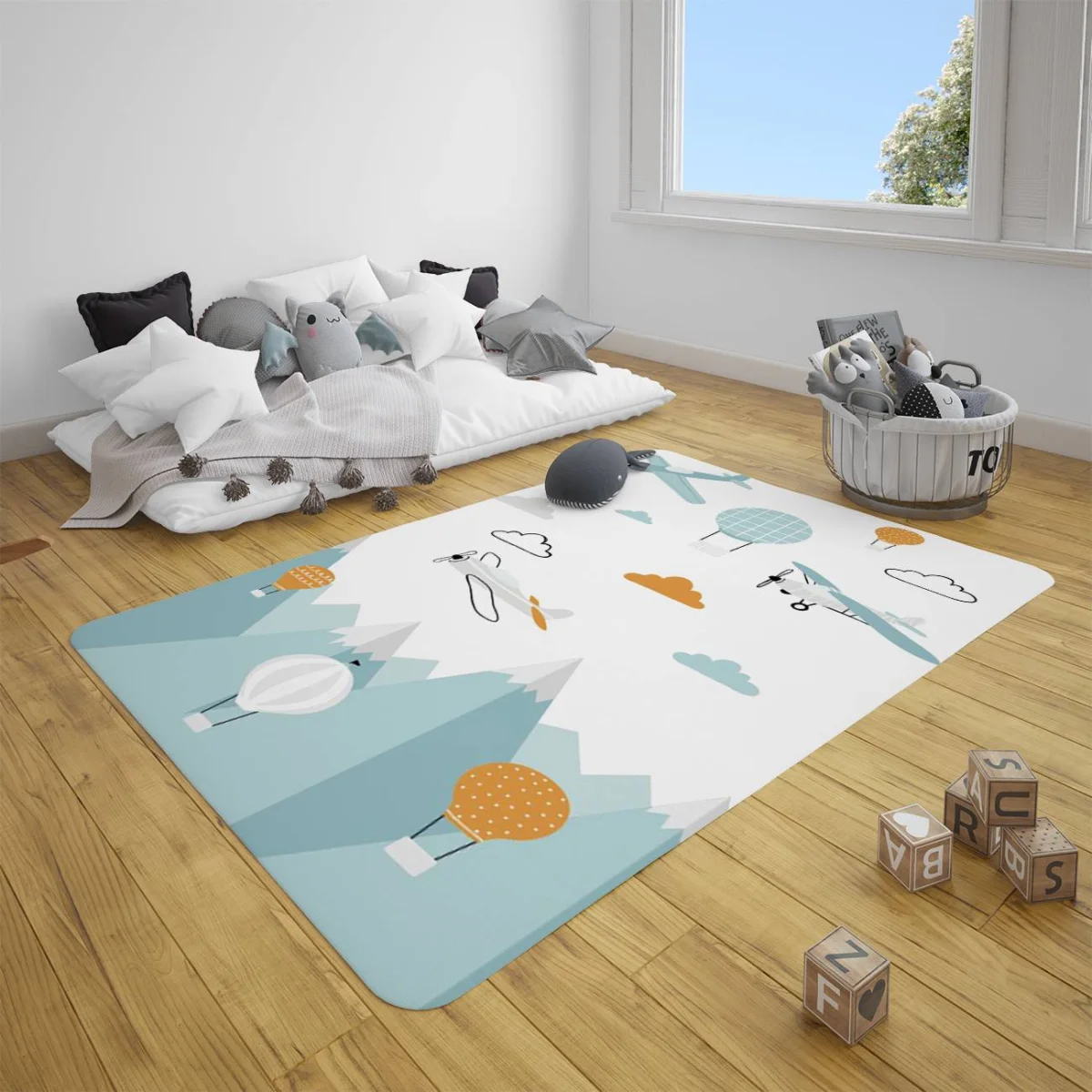 Uçaklar ve Balonlar Çocuk Halısı | Beyaz uçak, sıcak hava balonları Desenli