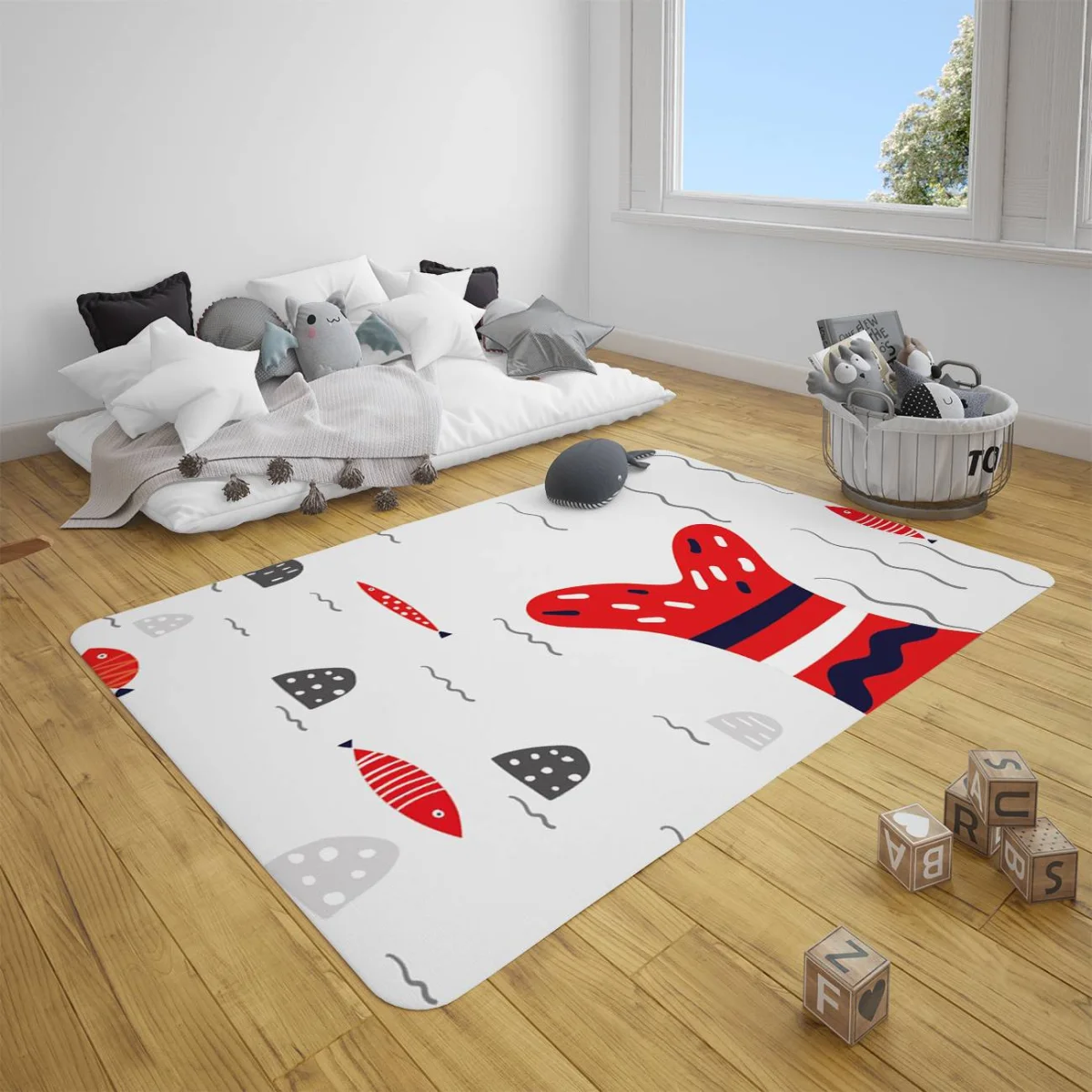 Balık Çocuk Halısı | Beyaz Dalga, küçük balık Desenli