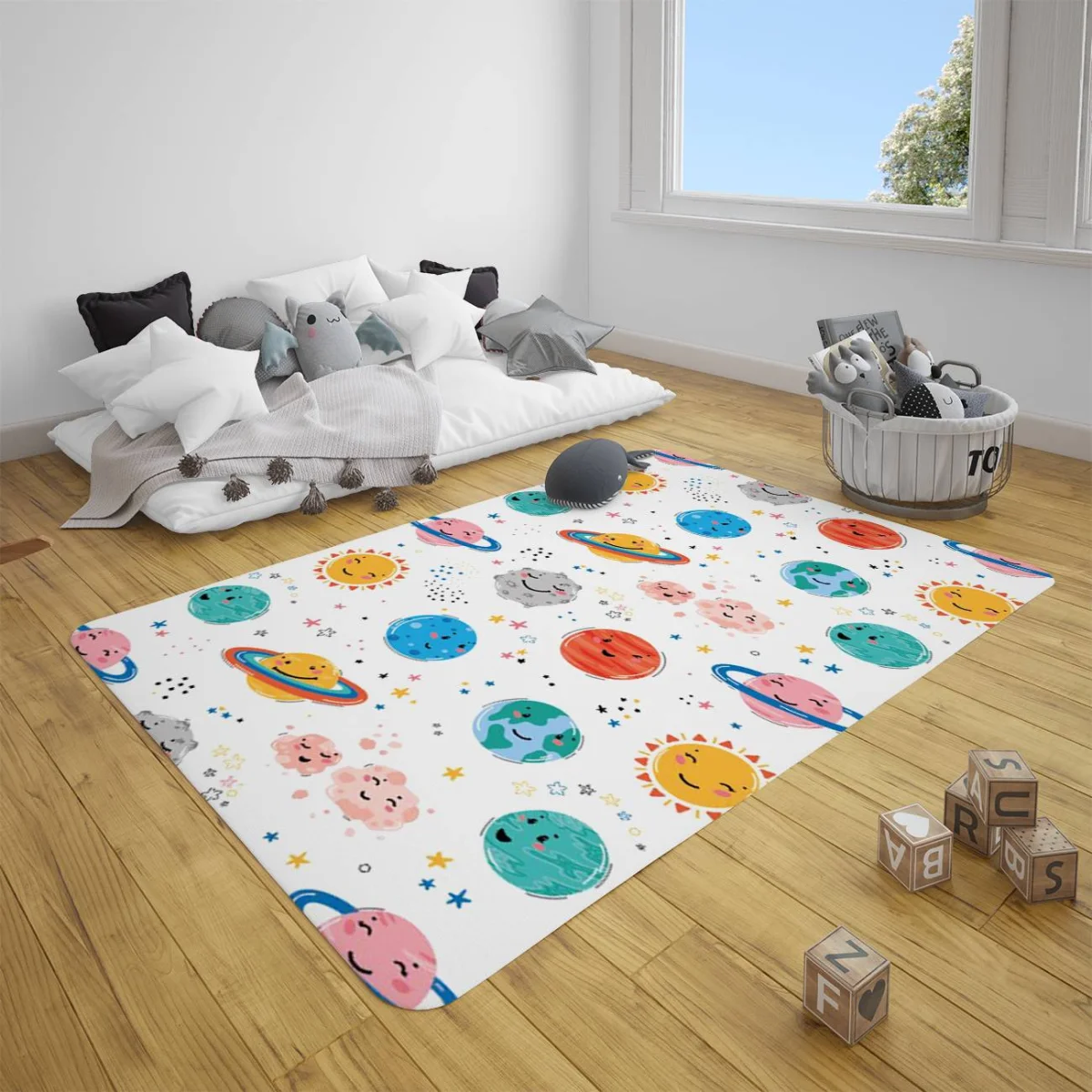 Uzay Çocuk Halısı | Beyaz gezegenler, güneş Desenli