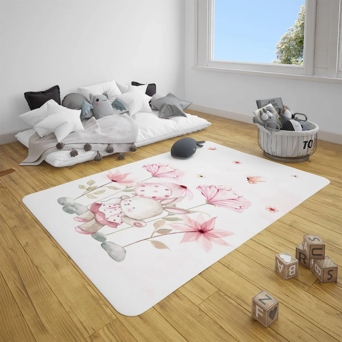 Tavşan ve Çiçekler Çocuk Halısı | Beyaz Kelebek, balon Desenli