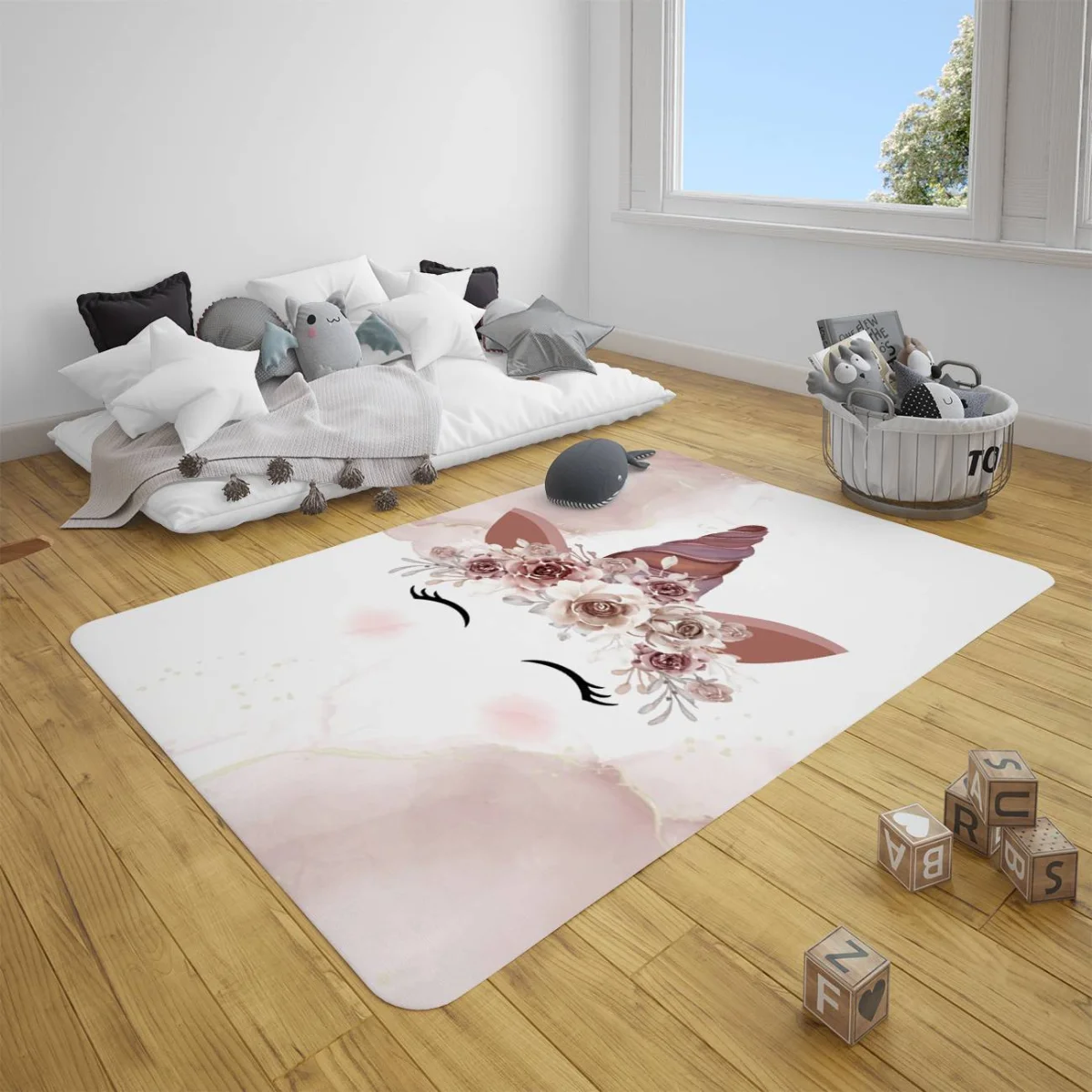 Unicorn Çocuk Halısı | Beyaz çiçekli taç, kapalı gözler Desenli