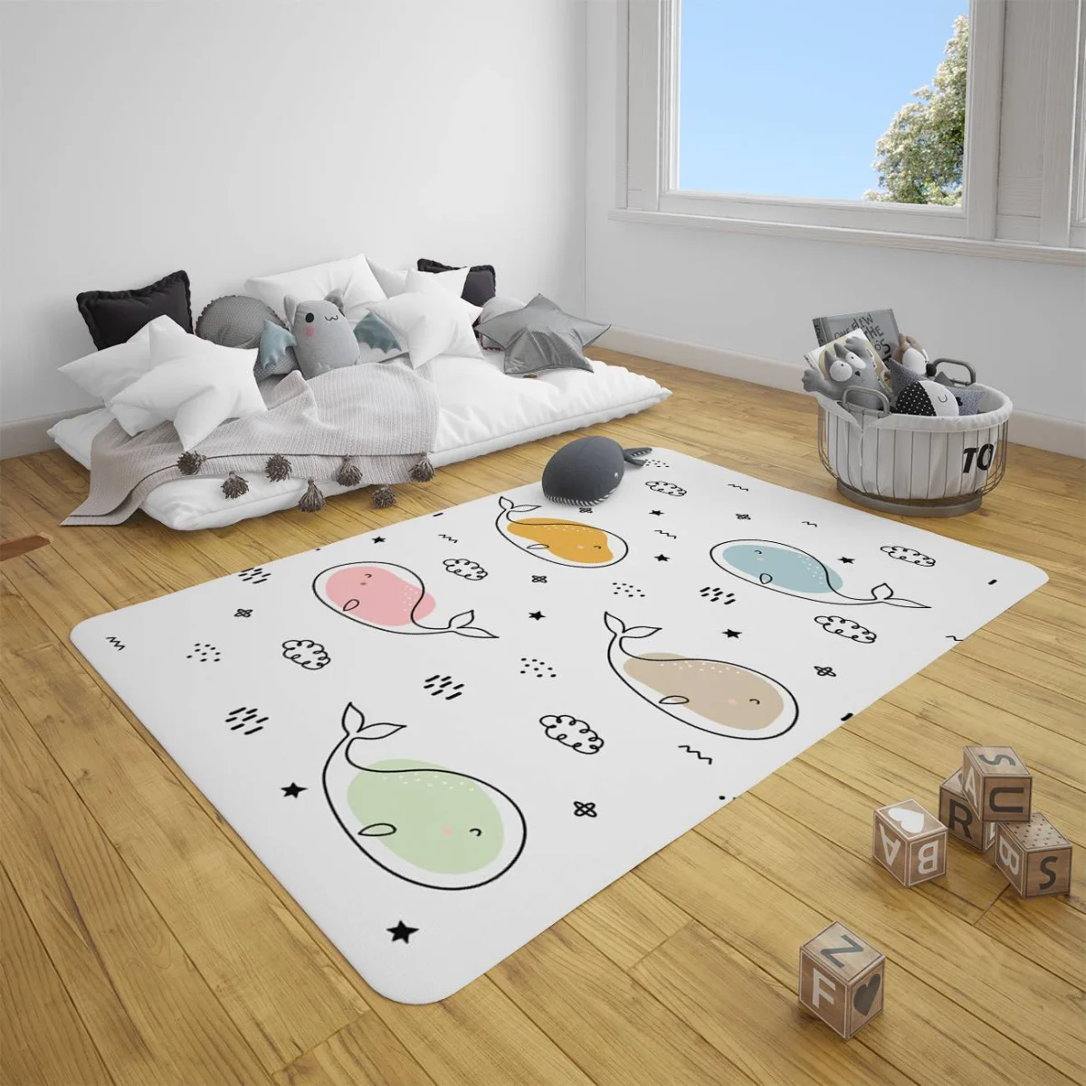 Balinalar Çocuk Halısı | Beyaz yıldız, bulut Desenli