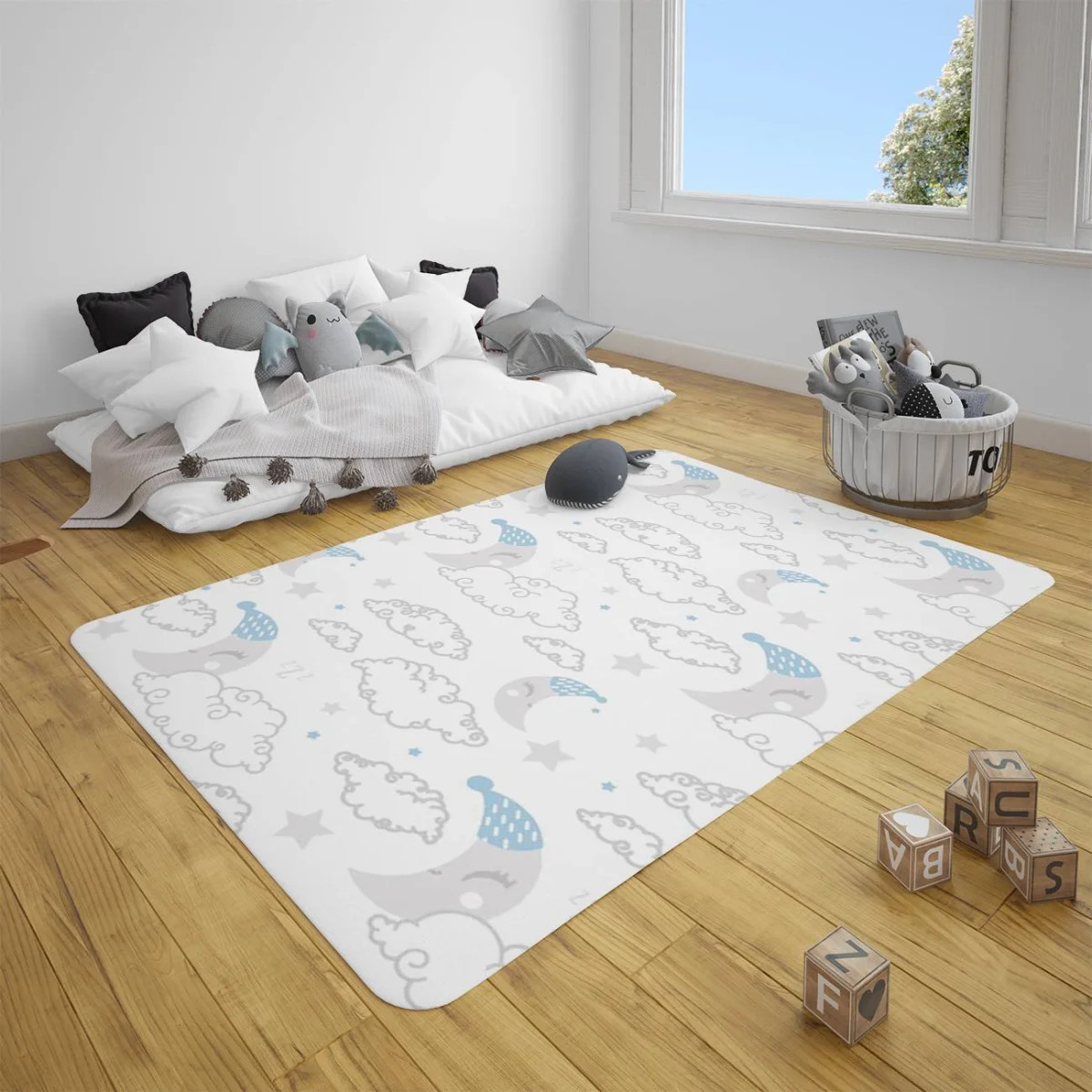 Uyku Temalı Ay ve Bulutlar Çocuk Halısı | Beyaz uyuyan ay, bulutlar Desenli