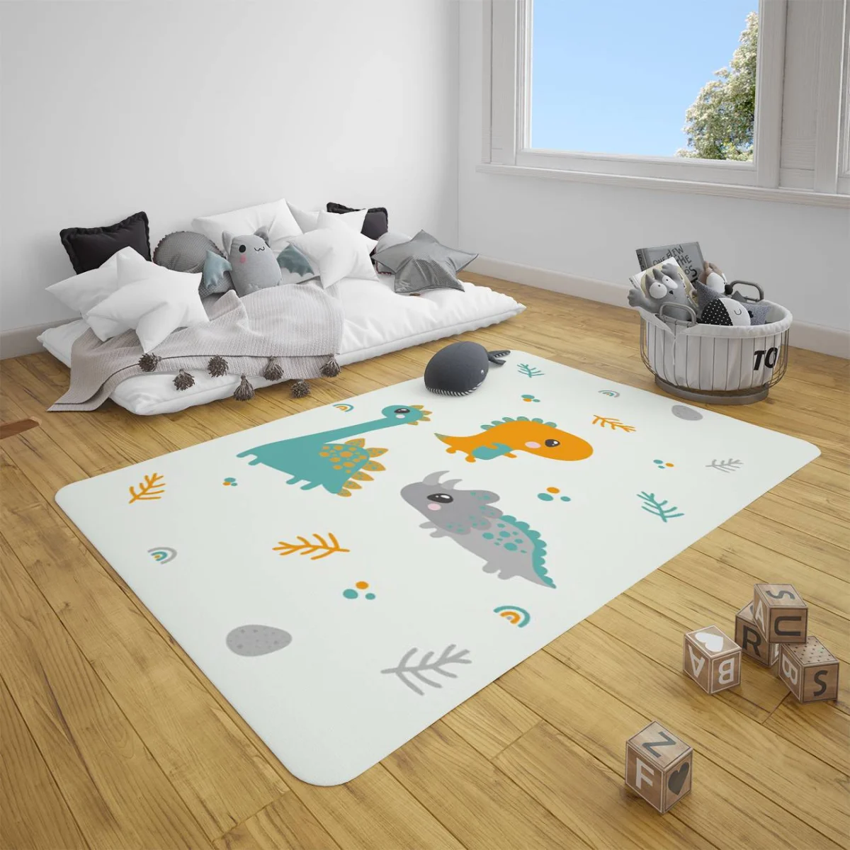 Dinozorlar Çocuk Halısı | Beyaz yaprak, yumurta Desenli