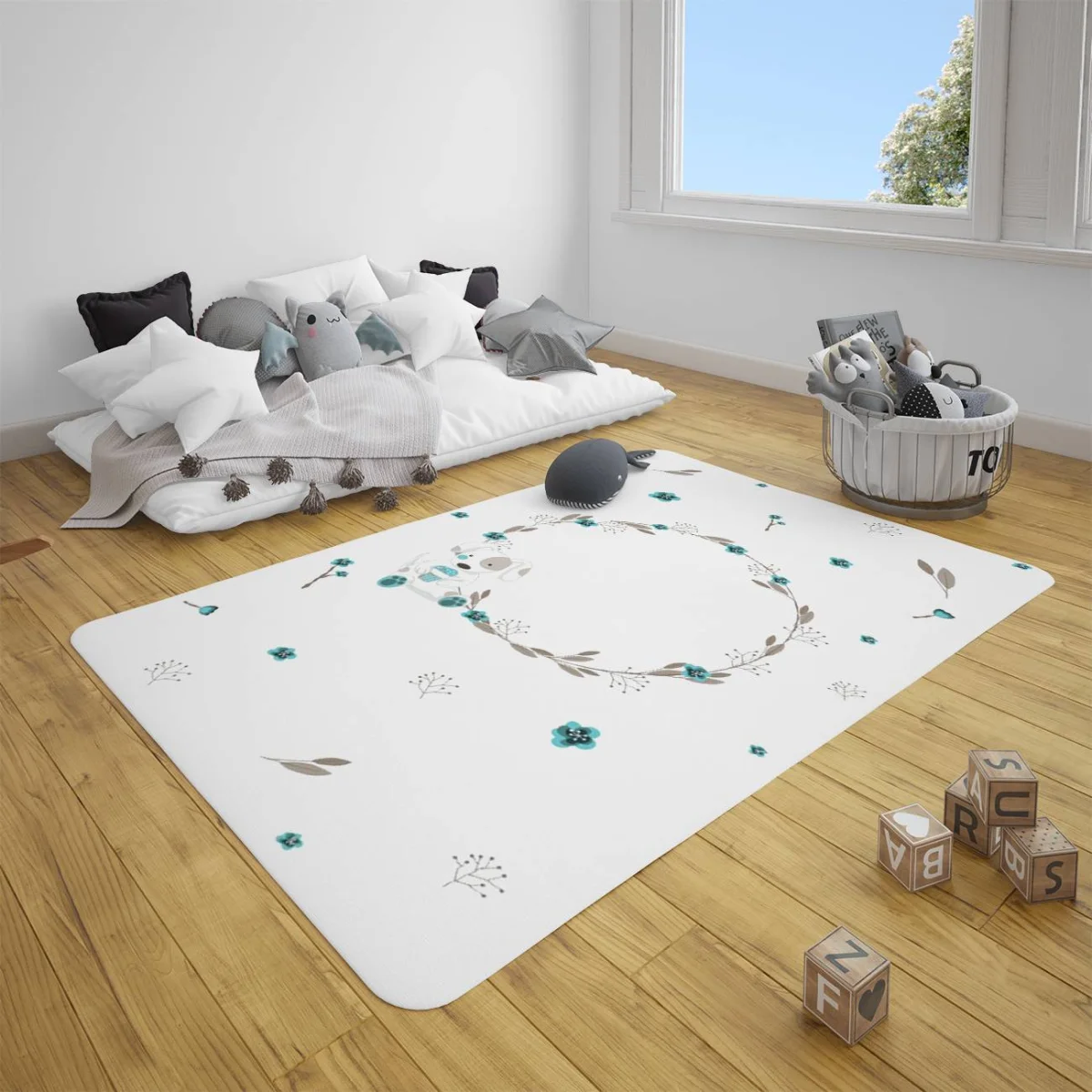 Köpek Çocuk Halısı | Beyaz Çiçekli çelenk, cupcake Desenli