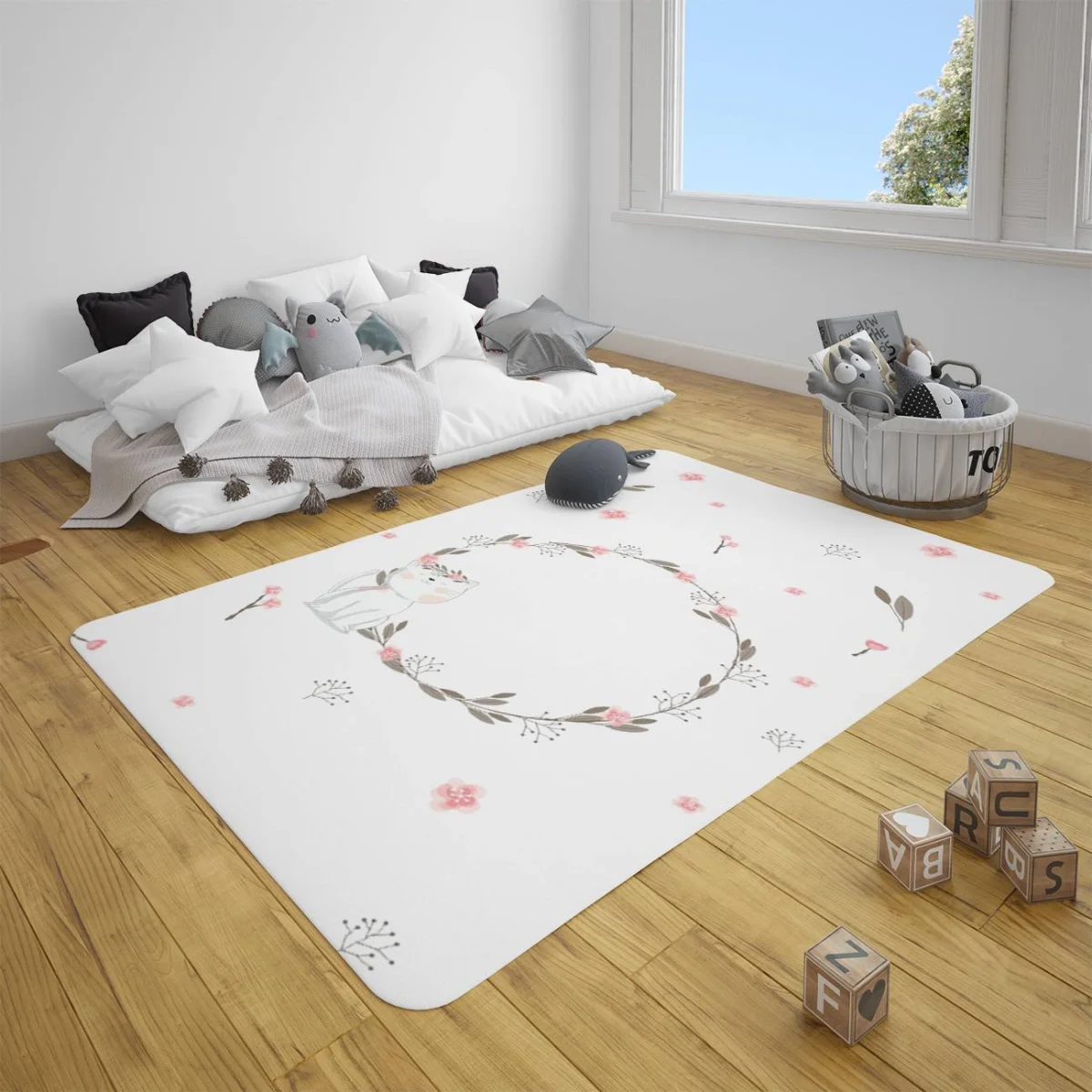 Kedi Çocuk Halısı | Beyaz Çiçekli çelenk, pembe çiçekler ve yapraklar Desenli