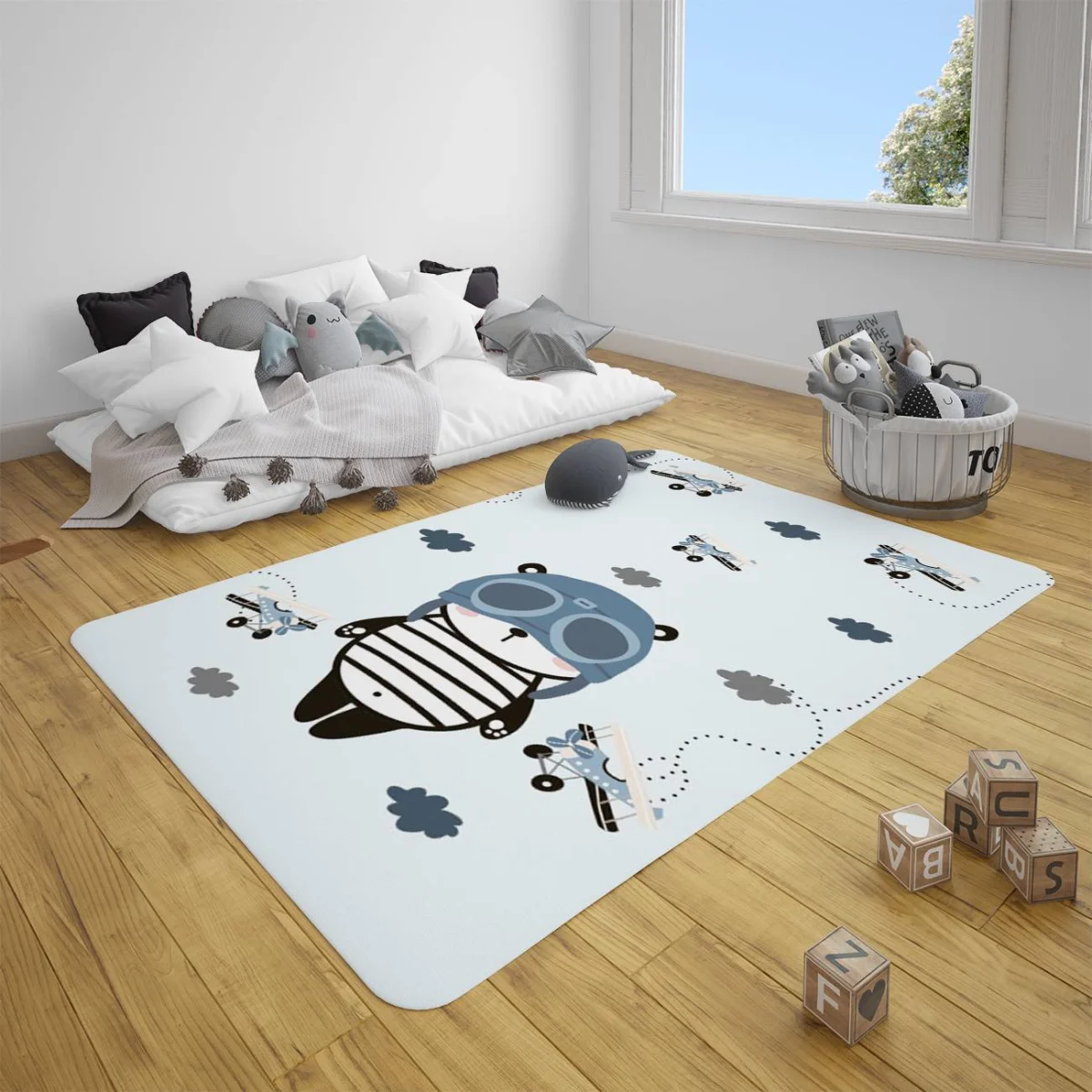 Pilot Ayı ve Uçaklar Çocuk Halısı | Açık Mavi Uçaklar, bulutlar Desenli