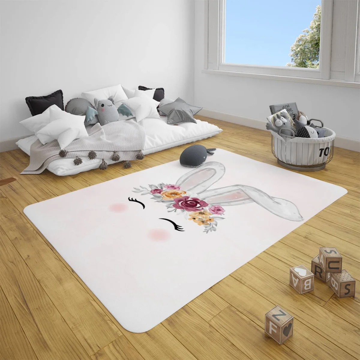 Tavşan Çocuk Halısı | Açık Pembe Çiçekli taç, kapalı gözler Desenli