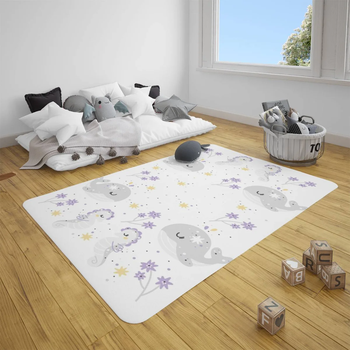 Deniz hayvanları Çocuk Halısı | Beyaz yıldız, çiçek Desenli