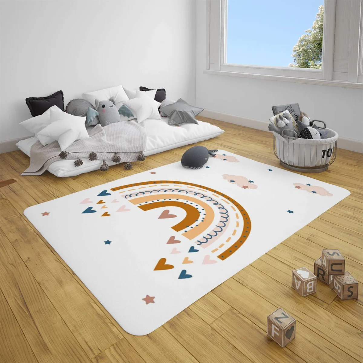 Gökkuşağı Çocuk Halısı | Beyaz gökkuşağı, bulutlar Desenli