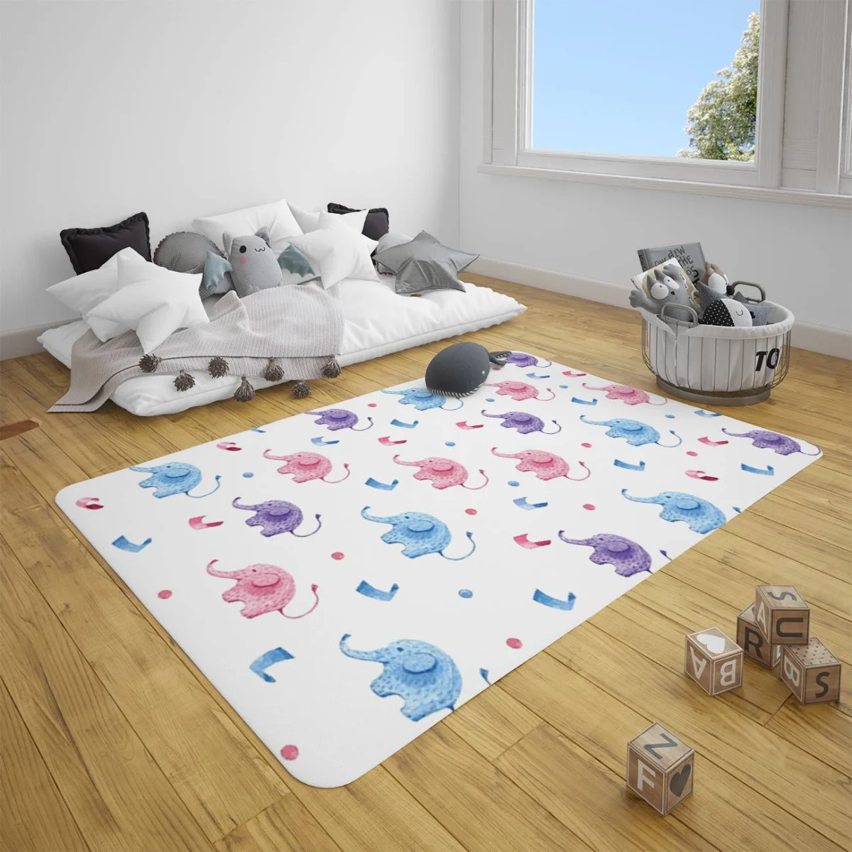 Filler Çocuk Halısı | Beyaz rengarenk noktalar ve geometrik şekiller Desenli