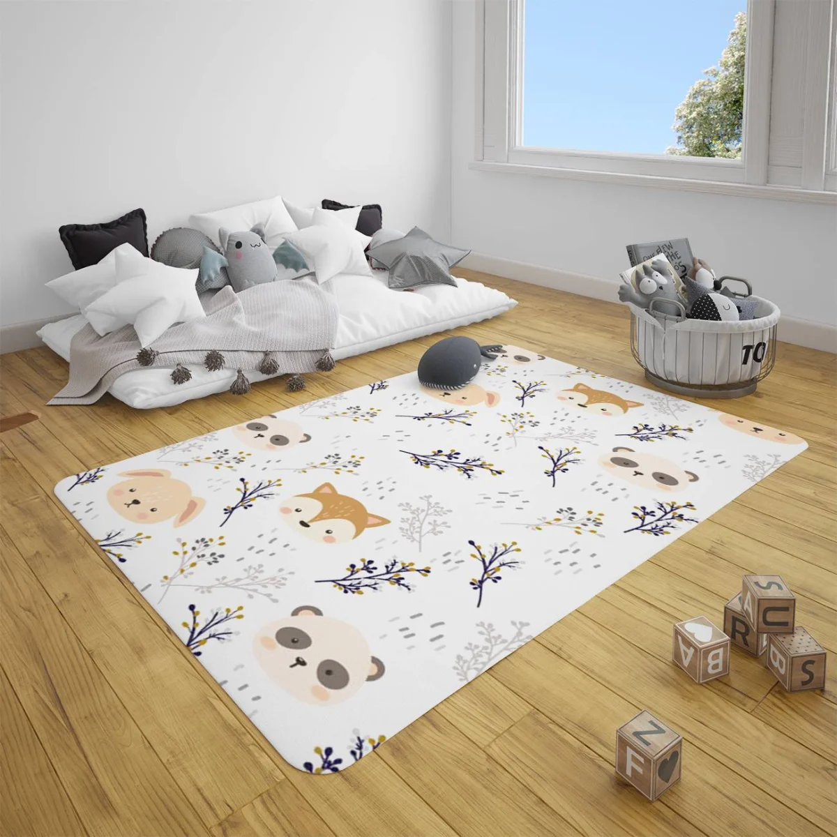 Orman Hayvanları Çocuk Halısı | Beyaz dallar, yapraklar Desenli