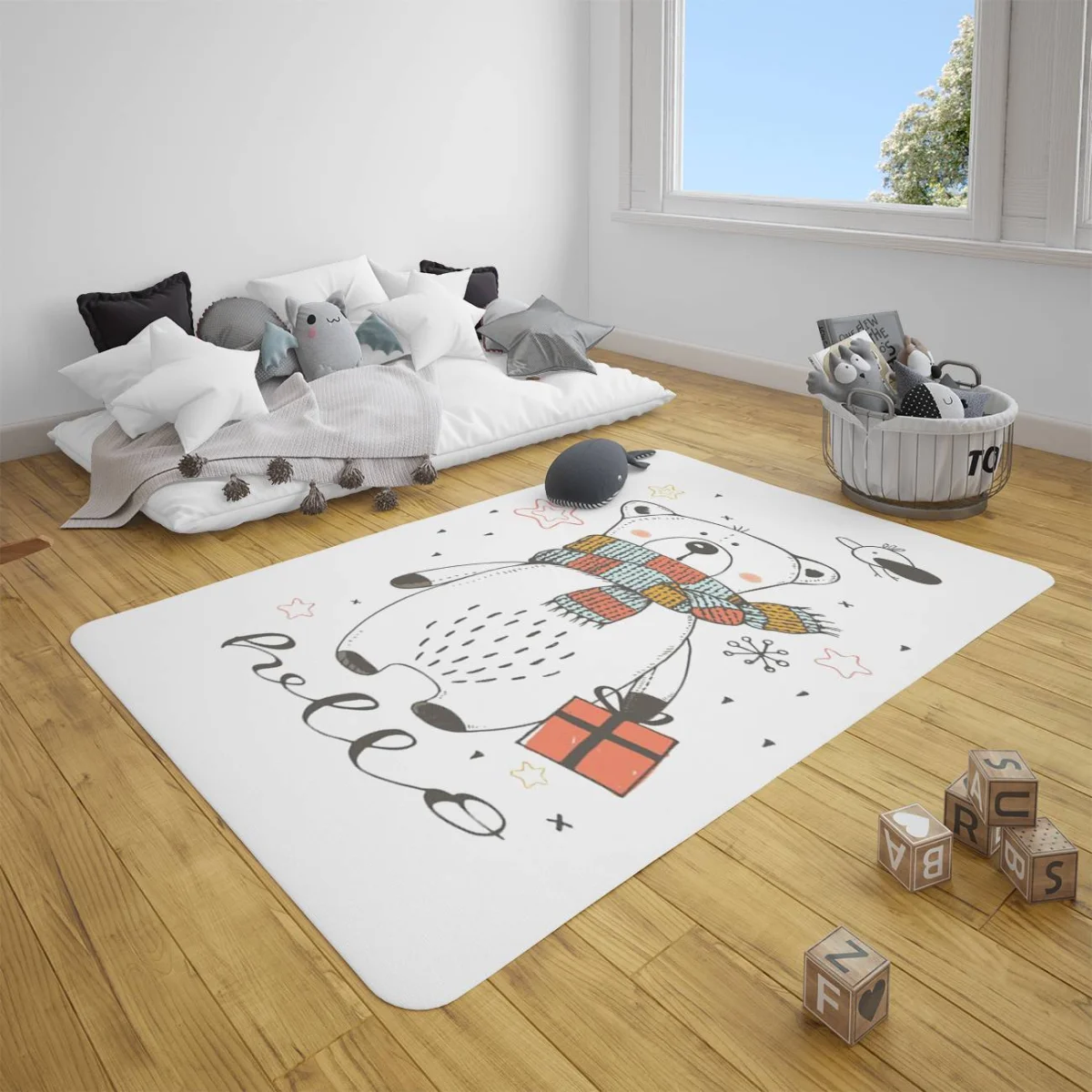 Kutup Ayısı Çocuk Halısı | Beyaz çam ağaçları, kar taneleri Desenli