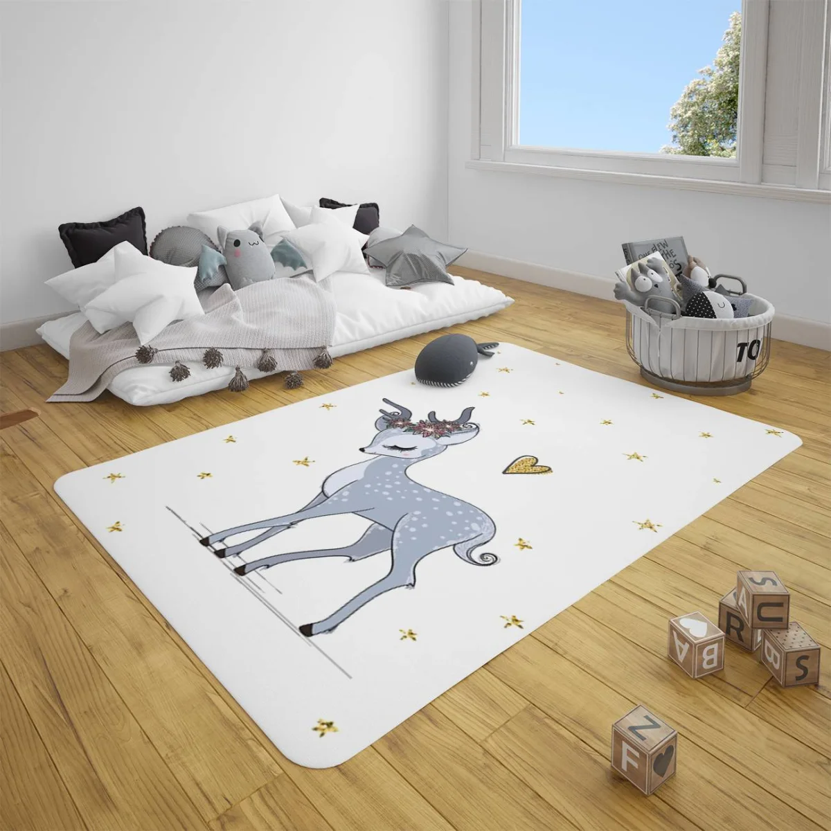 Geyik Çocuk Halısı | Beyaz çiçek, yıldız Desenli