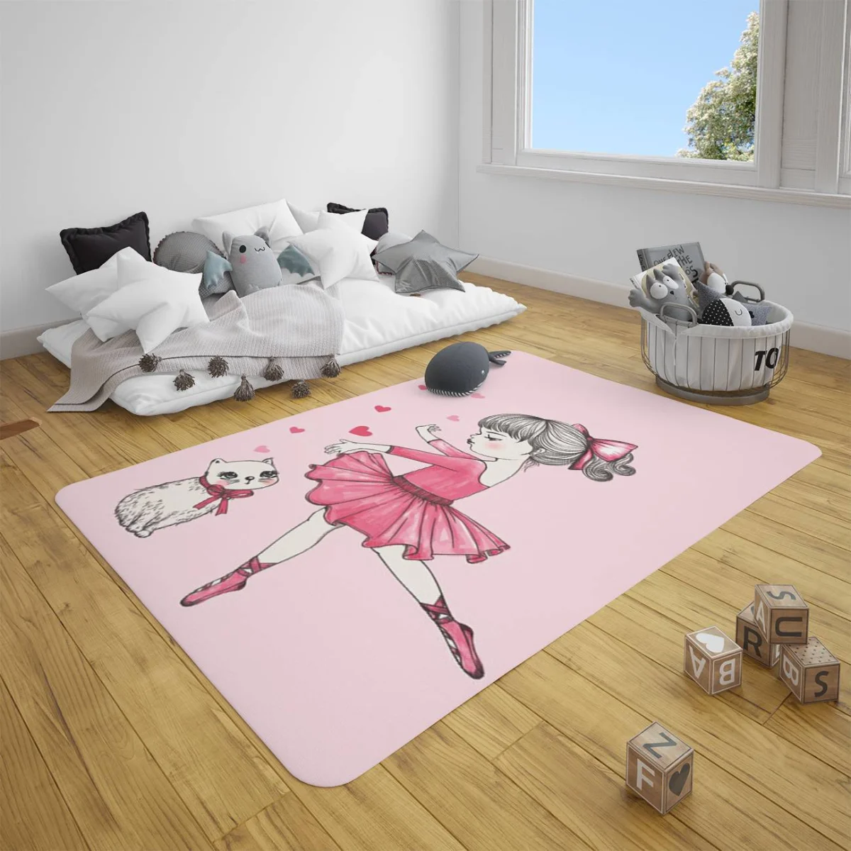 Balerin ve Kedi Çocuk Halısı | Pembe kalpler Desenli