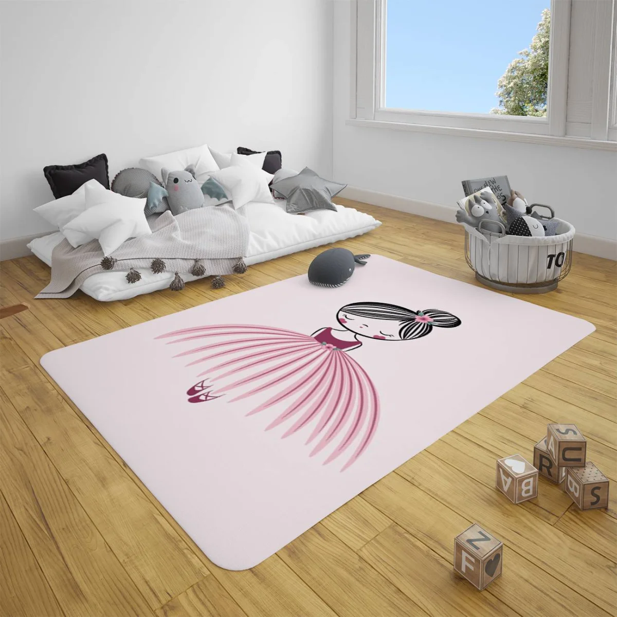 Balerin kız Çocuk Halısı | Açık pembe Pembe çiçek, bale ayakkabıları Desenli