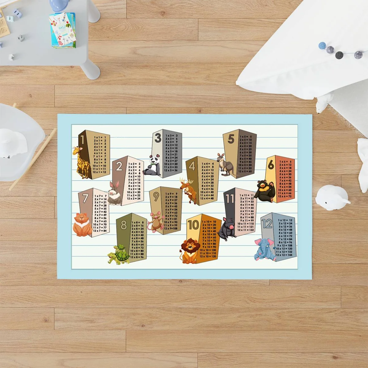 Eğitici Hayvanlar Çocuk Halısı | Açık Mavi çarpım tablosu, renkli sayılar Desenli