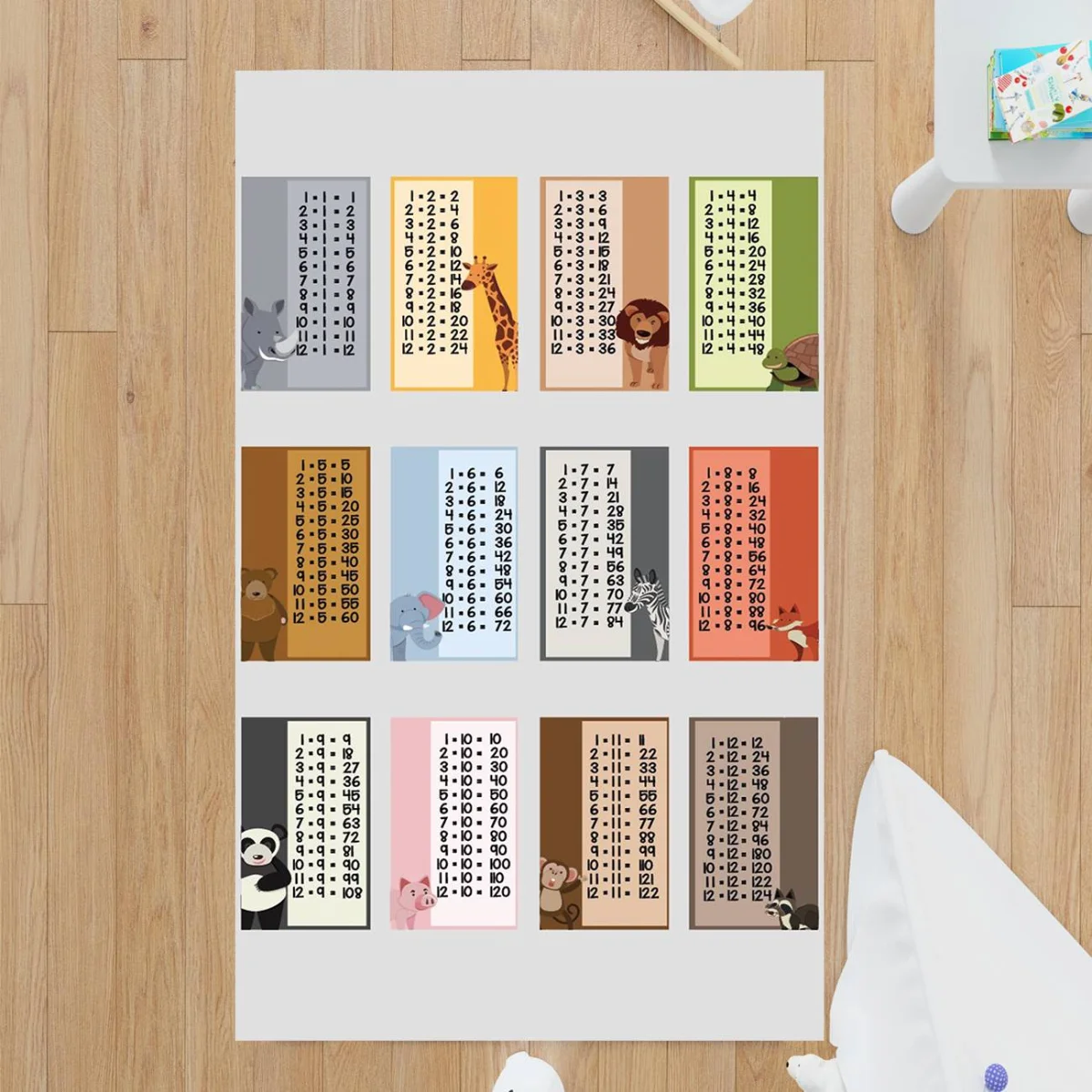 Hayvanlar Çocuk Halısı | Beyaz sevimli hayvanlar, çarpım tablosu Desenli