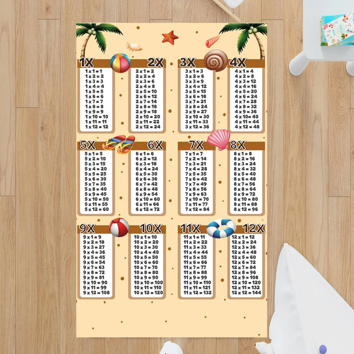 Çarpım Tablosu, Plaj Çocuk Halısı | Krem palmiye, deniz kabuğu Desenli