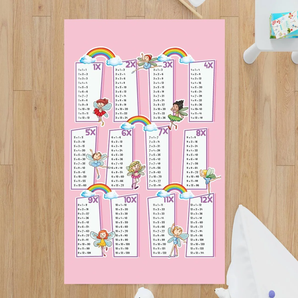 Periler, Gökkuşağı, Çarpım Tabloları Çocuk Halısı | Pembe Periler, bulutlar Desenli