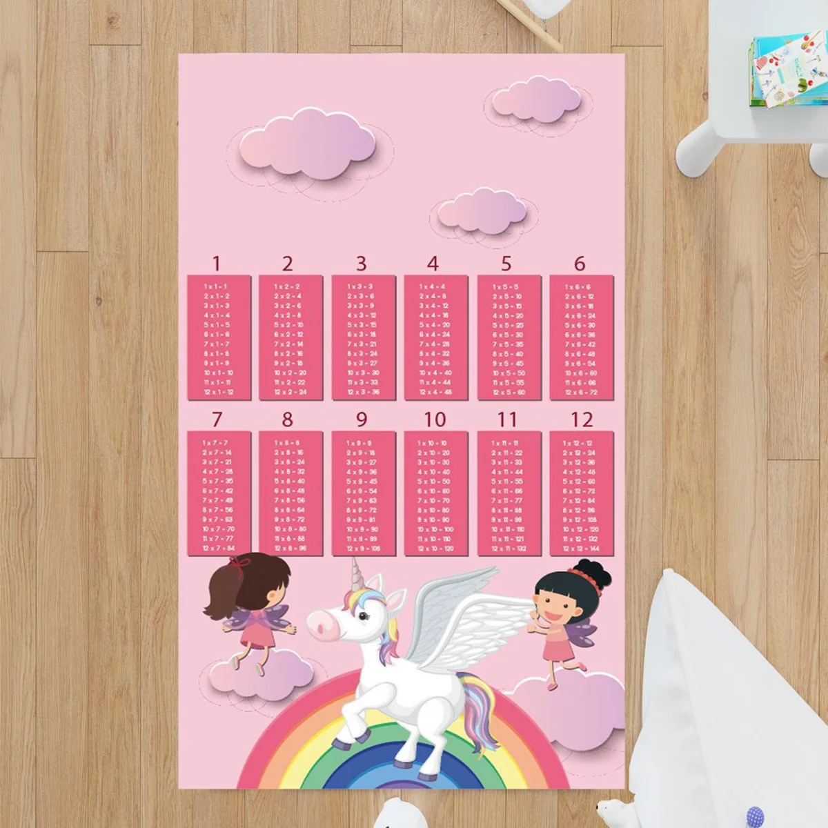 Unicorn Çocuk Halısı | Pembe Bulutlar, gökkuşağı Desenli