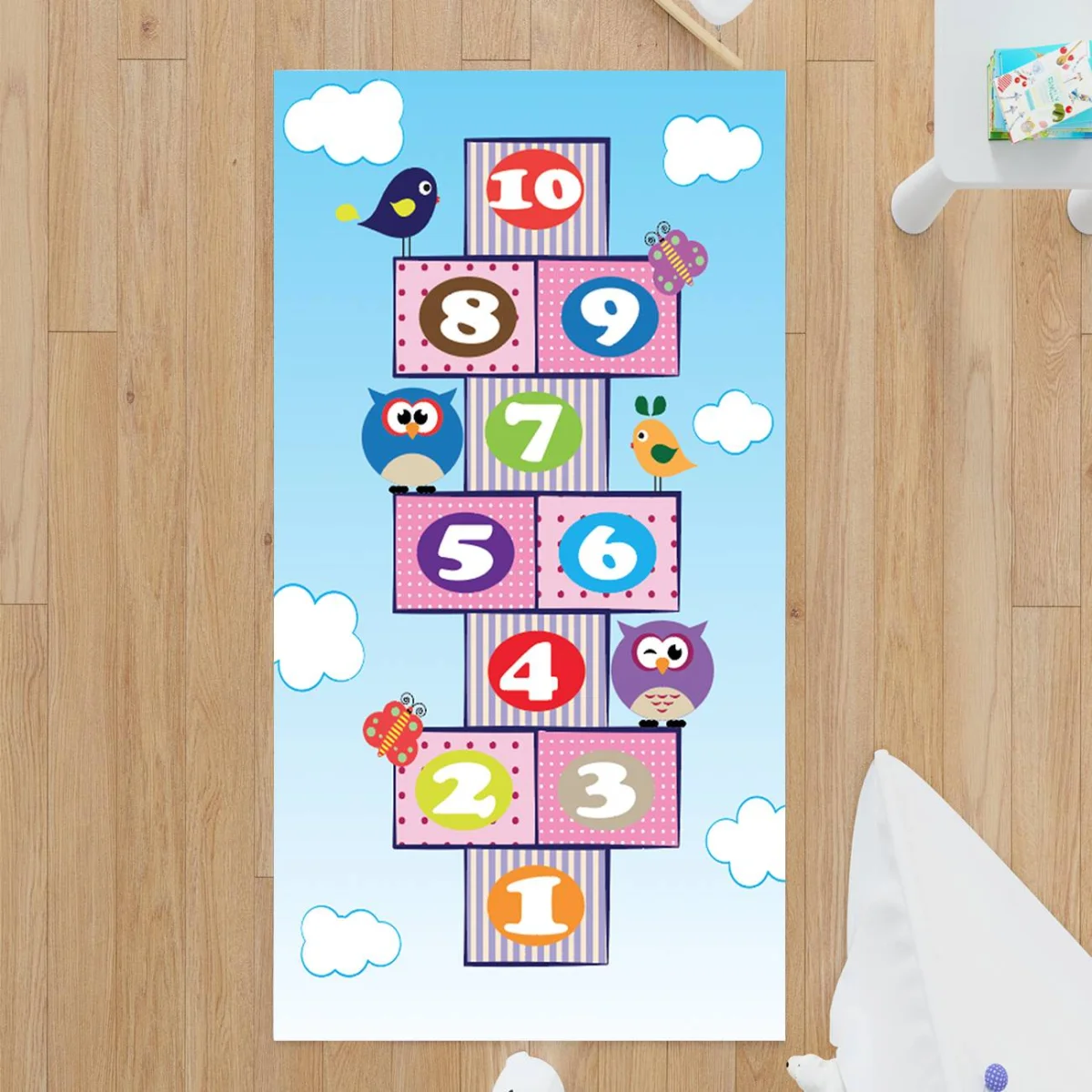 Sayılar ve Hayvanlar Çocuk Halısı | Mavi bulutlar, baykuşlar Desenli