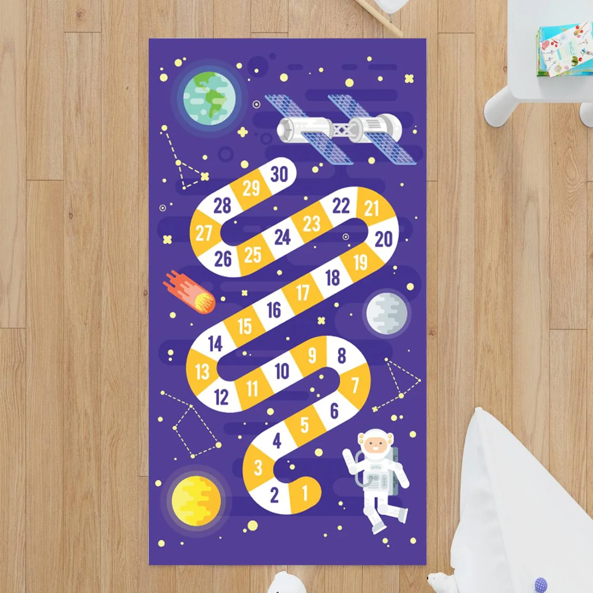 Uzay Çocuk Halısı | Mor yıldızlar, gezegenler Desenli