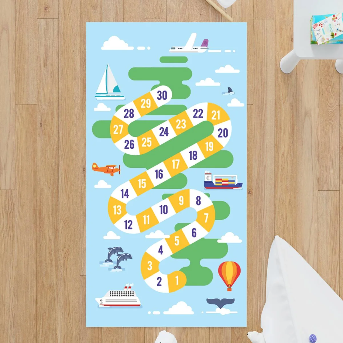 Ulaşım Araçları ve Macera Oyunu Çocuk Halısı | Mavi Bulutlar, sayılar Desenli