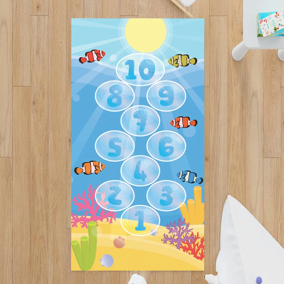 Deniz Altı ve Sayılar Çocuk Halısı | Mavi Sayılar, balıklar Desenli