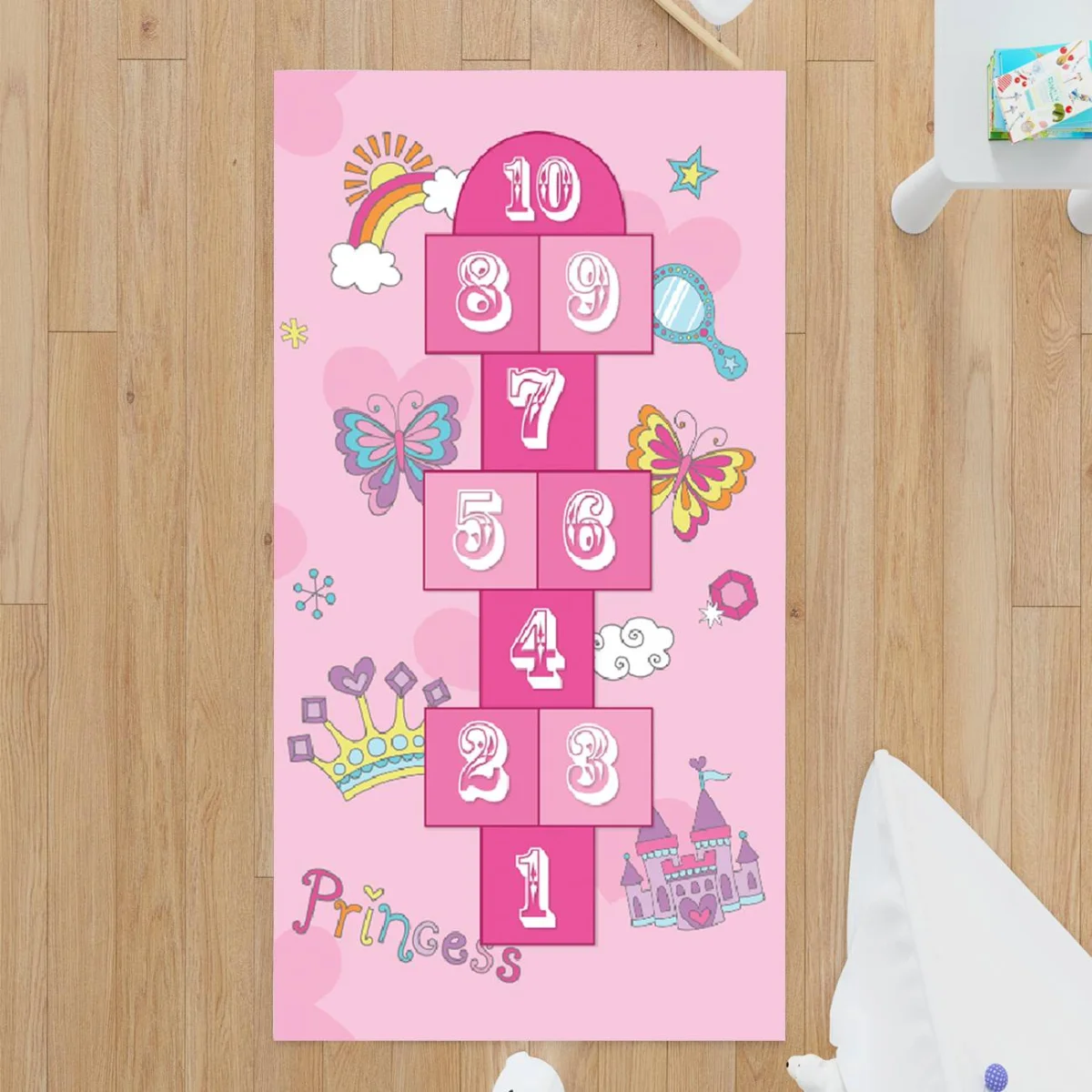 Prenses Çocuk Halısı | Pembe seksek, gökkuşağı Desenli