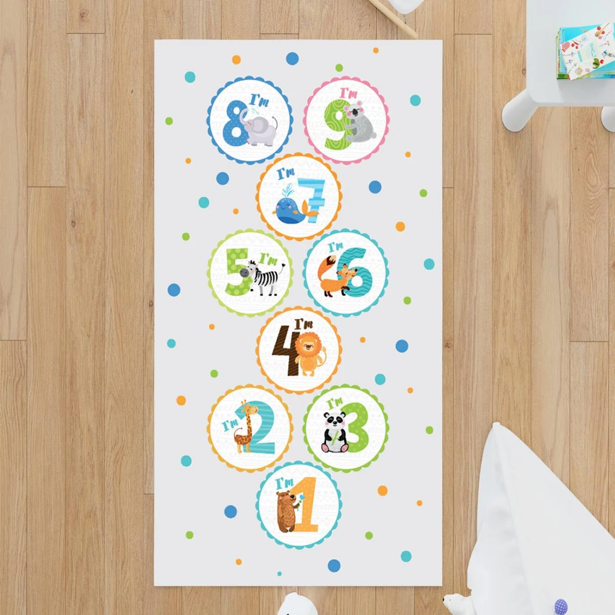 Hayvanlar Çocuk Halısı | Beyaz Renkli noktalar, sayılar ve hayvan figürleri Desenli