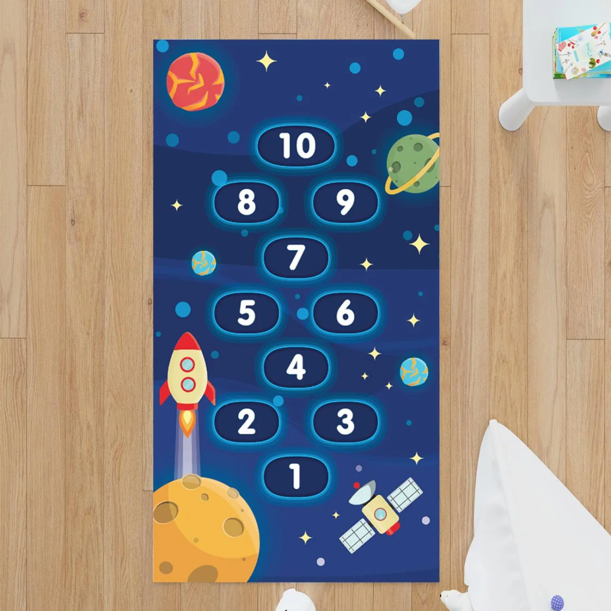 Uzay Çocuk Halısı | Mavi sayılar, gezegenler Desenli